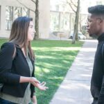 Confident person interacting casually in public