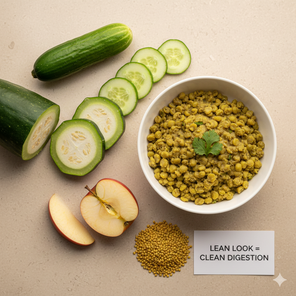 Clean aesthetic flat-lay of healthy Indian foods: cucumber, bottle gourd, moong dal, apple, warm lighting, neutral background, minimal shadows, wellness and digestion concept, modern health blog photography