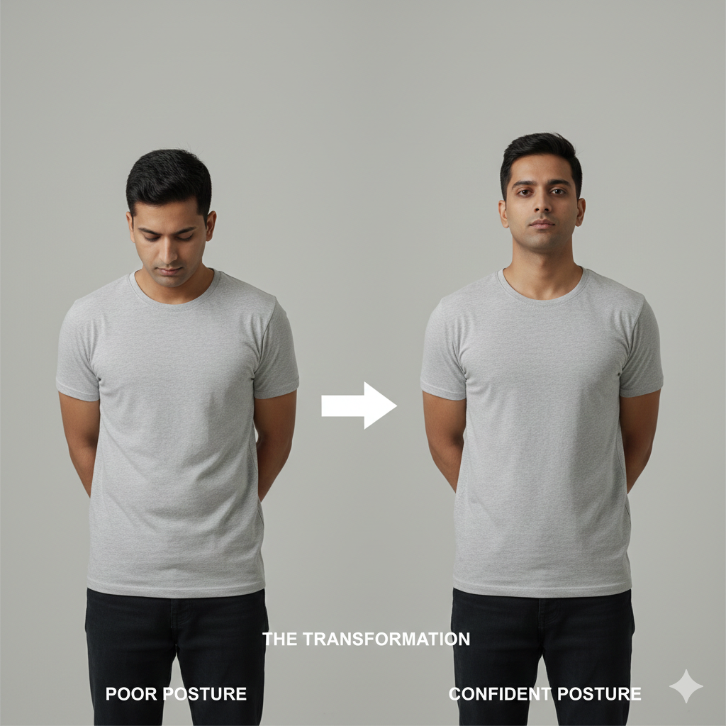 Minimal aesthetic image showing an Indian man with poor posture transforming into upright confident posture, side-by-side comparison, soft natural lighting, neutral background, focus on chest opening and shoulders back, fitness and posture correction concept, clean modern style