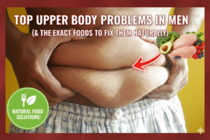Blog thumbnail showing a man holding abdominal fat with text overlay 'Top Upper Body Problems in Men' and graphics of healthy foods like avocado and chicken representing natural dietary fixes.
