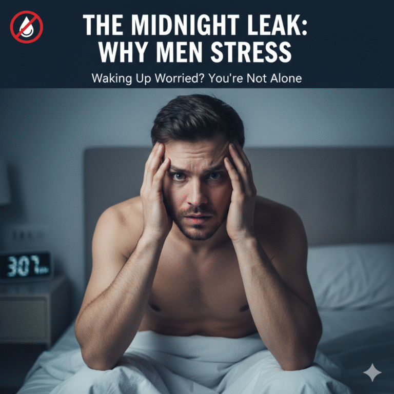 Stressed man sitting on bed at night wondering if nightfall is normal, blog thumbnail for nocturnal emission health guide.