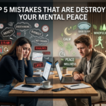 "Blog cover image with the text 'Top 5 Mistakes That Are Destroying Your Mental Peace'. The graphic is split down the middle to show contrasting lifestyles. On the left, a stressed woman holds her head at her laptop in a dark room, surrounded by chaotic floating icons for social media, notifications, 'Burnout', and 'Overthinking'. On the bright right side, a man works at his laptop next to a sunny window, surrounded by calming green icons for 'Good Sleep', 'Mindfulness', 'Peace', and 'Wellness', with a yoga mat nearby