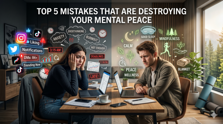 "Blog cover image with the text 'Top 5 Mistakes That Are Destroying Your Mental Peace'. The graphic is split down the middle to show contrasting lifestyles. On the left, a stressed woman holds her head at her laptop in a dark room, surrounded by chaotic floating icons for social media, notifications, 'Burnout', and 'Overthinking'. On the bright right side, a man works at his laptop next to a sunny window, surrounded by calming green icons for 'Good Sleep', 'Mindfulness', 'Peace', and 'Wellness', with a yoga mat nearby