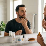 A man applying beard oil in a modern bathroom mirror, surrounded by men's grooming routine products including skincare, cologne, and health supplements.