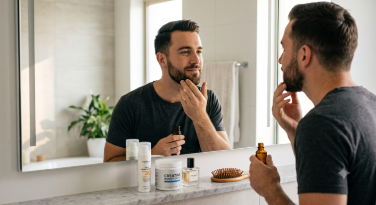 A man applying beard oil in a modern bathroom mirror, surrounded by men's grooming routine products including skincare, cologne, and health supplements.
